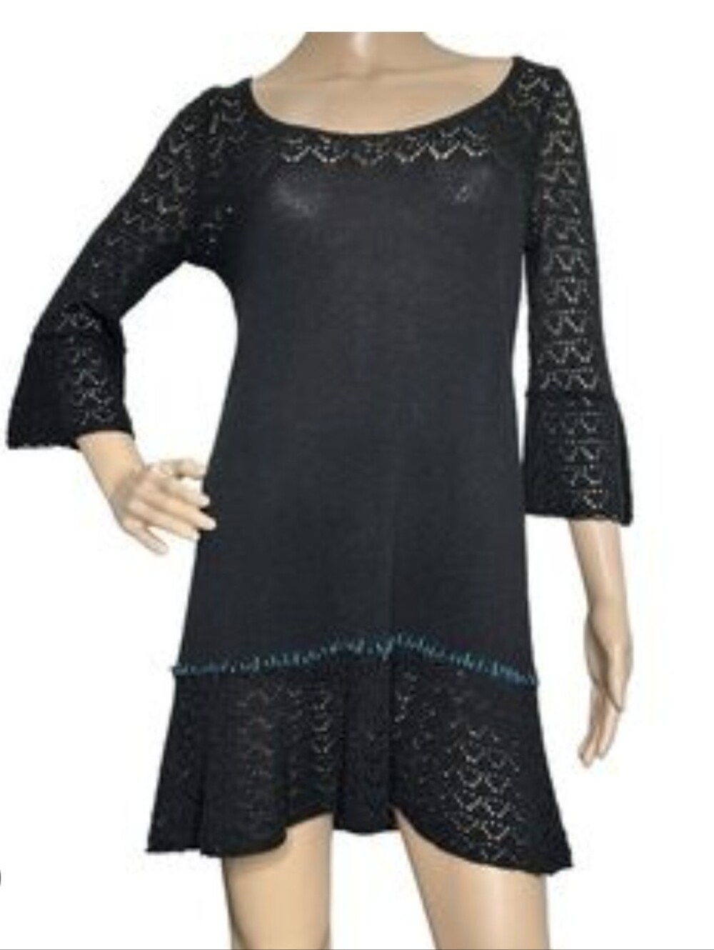 Free People Black Knit Bell Sleeve Lace Trim Mini Dress Size M